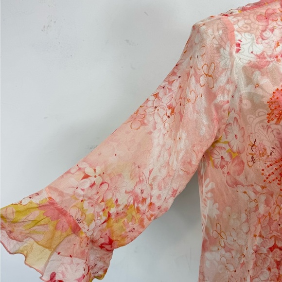Vintage Y2K Size Small Dainty Silk Chiffon Pink Floral Cardigan Sequin Ruffle - Picture 5 of 6